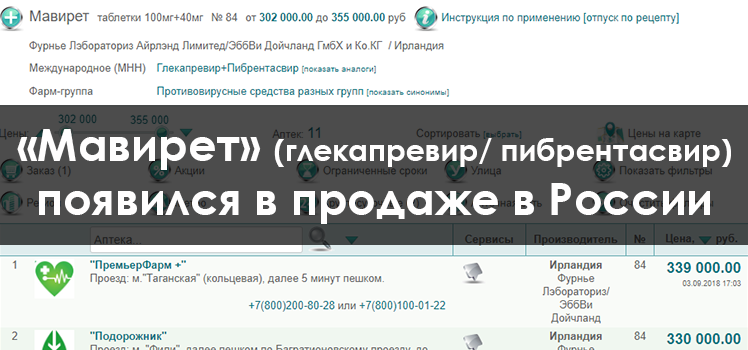 Глекапревир/ пибрентасвир («Мавирет») появился в продаже в России